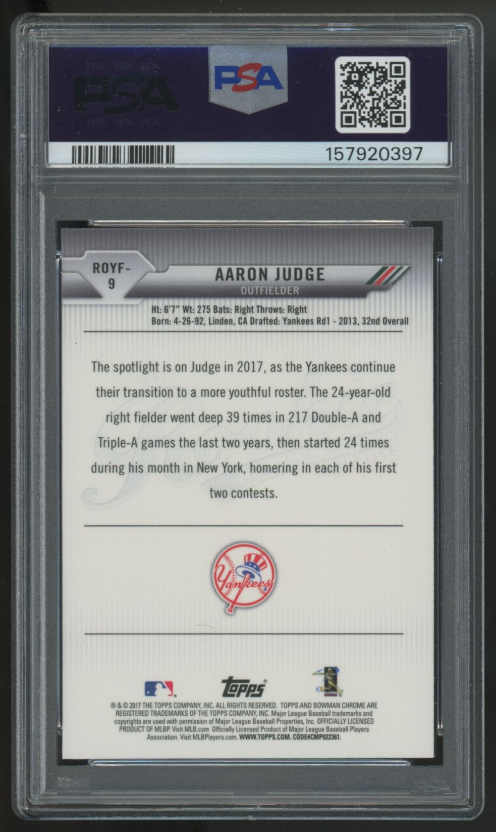 2017 Bowman Aaron Judge RC R.O.Y Favorites #ROYF-9 PSA 10