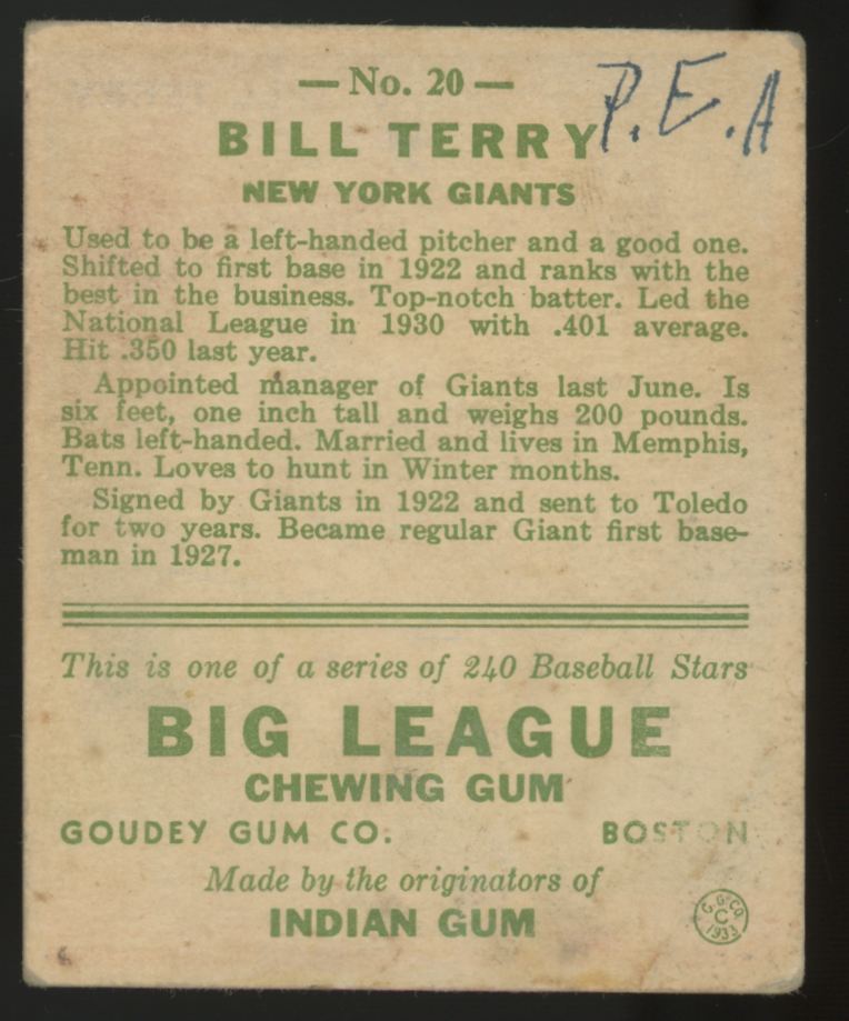 1933 Goudey Bill Terry #20 VG (MK)
