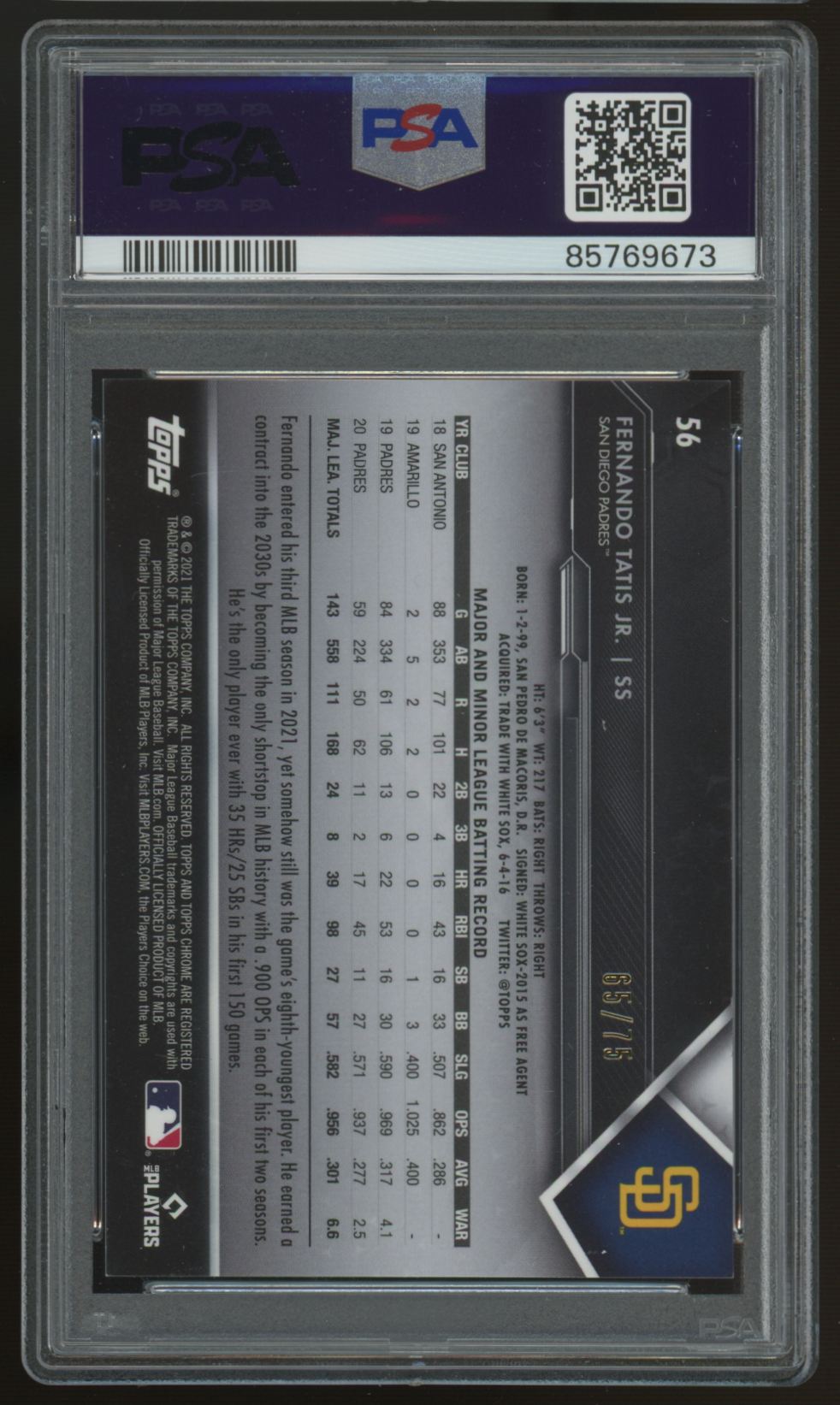 2021 Topps Chrome Black Fernando Tatis Jr. Blue Refractor /75 #56 PSA 9