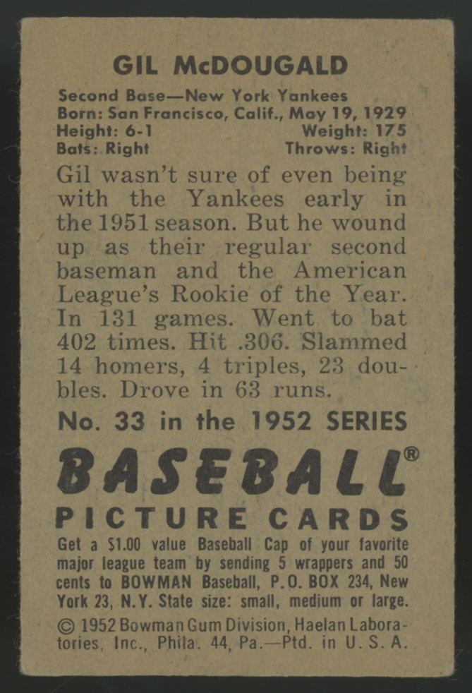 1952 Bowman Gil McDougald #33 VG-EX