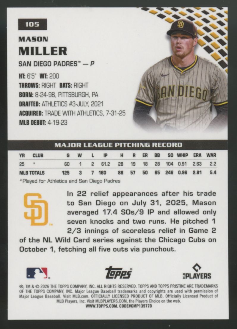 2026 Topps Pristine Mason Miller Blue /75 #105