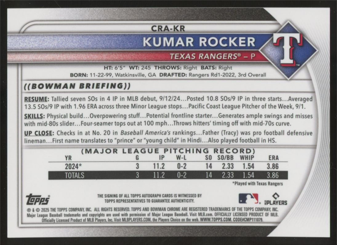 2025 Bowman Chrome Kumar Rocker RC Mojo Refractor Auto /150 #CRA-KR
