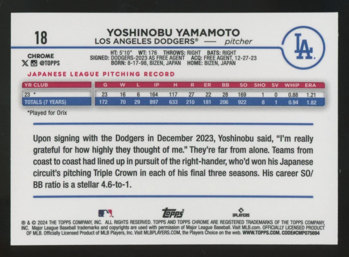 2024 Topps Chrome Yoshinobu Yamamoto RC X-Fractor #18