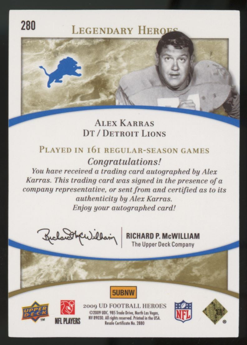 2009 Football Heroes Alex Karras Legendary Auto /10 #280