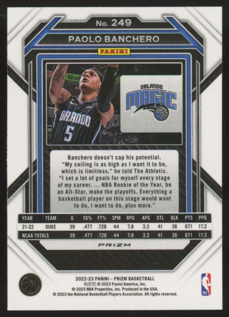 2022-23 Prizm Paolo Banchero RC Silver Prizm #249 NM (Surface)
