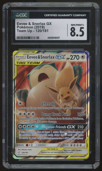2019 Pokemon Eevee & Snorlax GX Team Up Holo #120 CGC 8.5