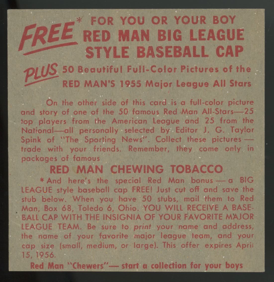 1955 Red Man Willie Mays #7 No Tab - Good (Crease)
