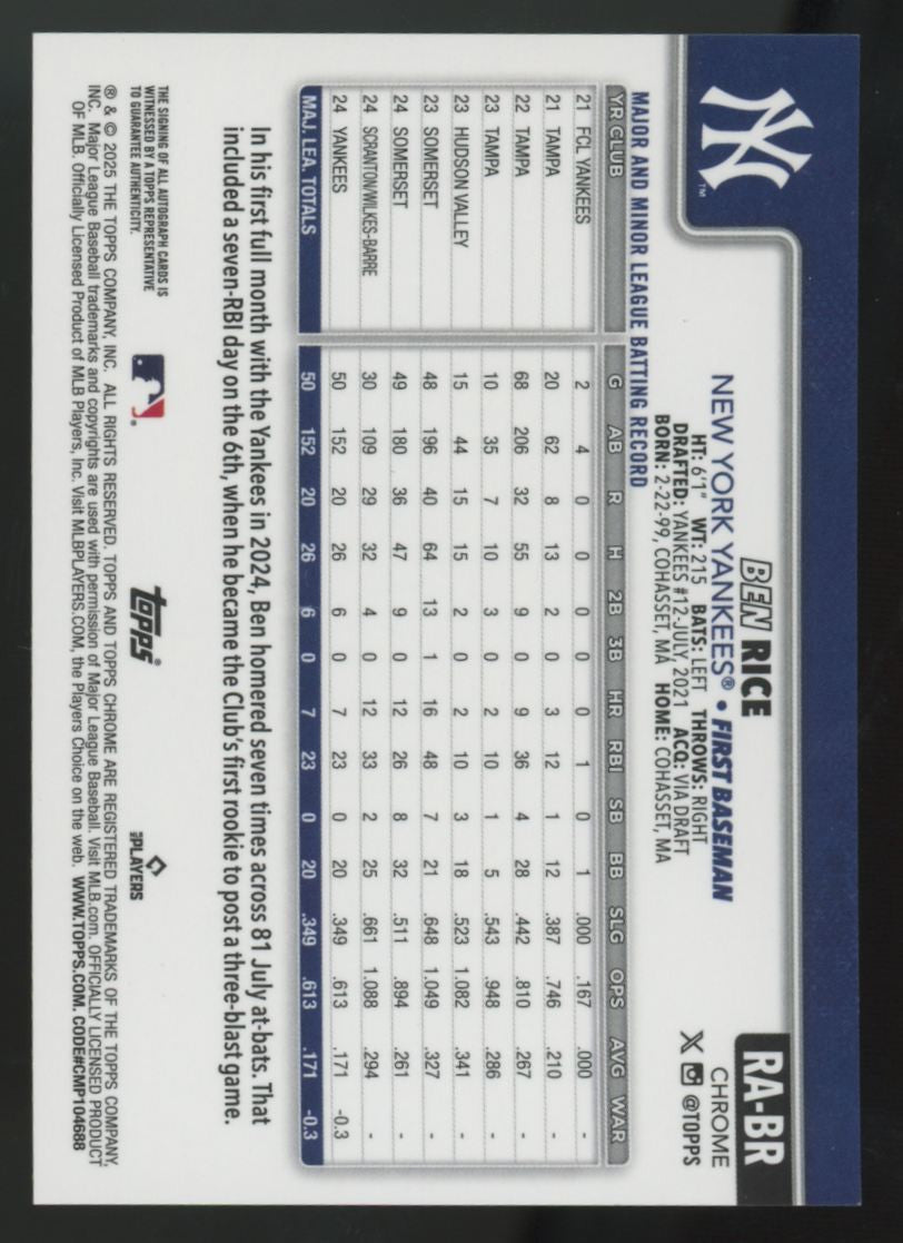 2025 Topps Chrome Ben Rice RC Purple Speckle Auto /299 #RA-BR