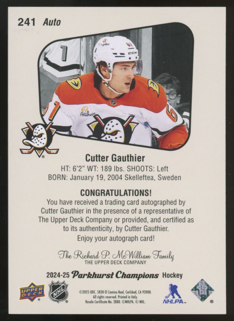 2024-25 Upper Deck Parkhurst Champions Cutter Gauthier RC Auto #241