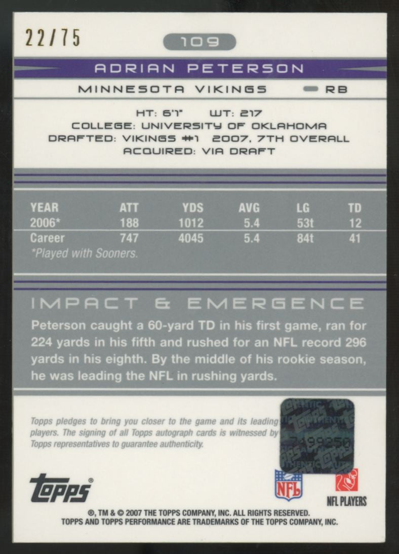 2007 Topps Performance Adrian Peterson RC Silver Auto /75 #109