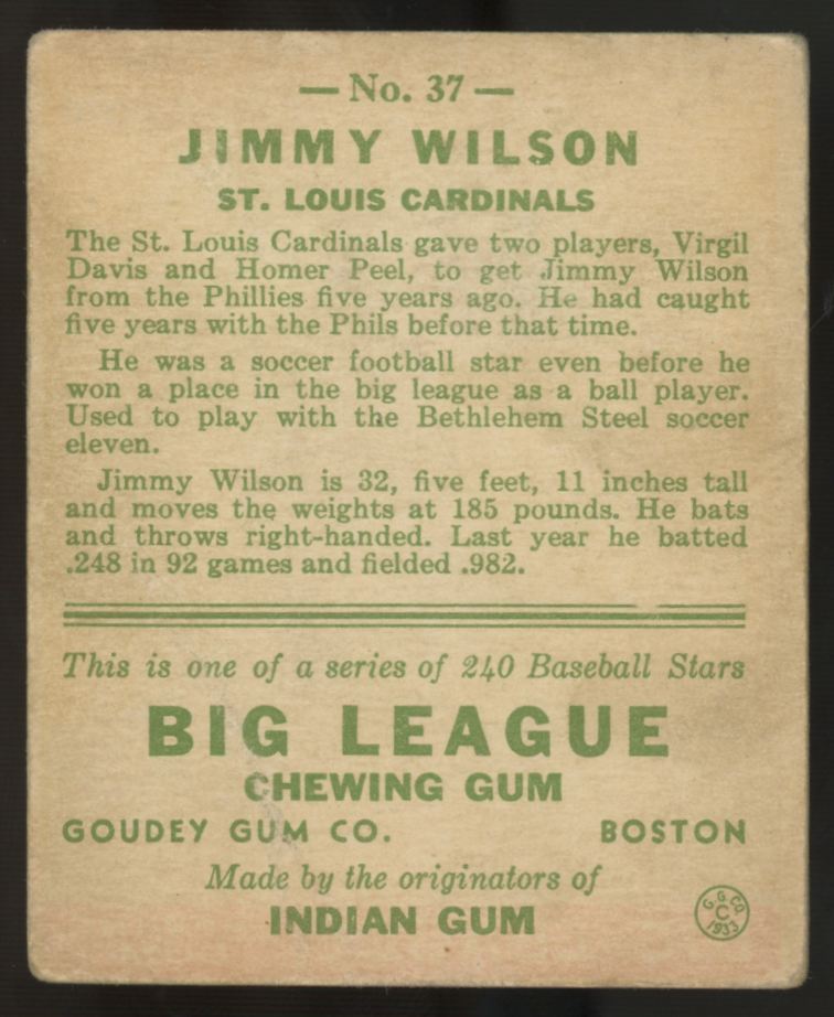 1933 Goudey Jimmy Wilson #37 F/G