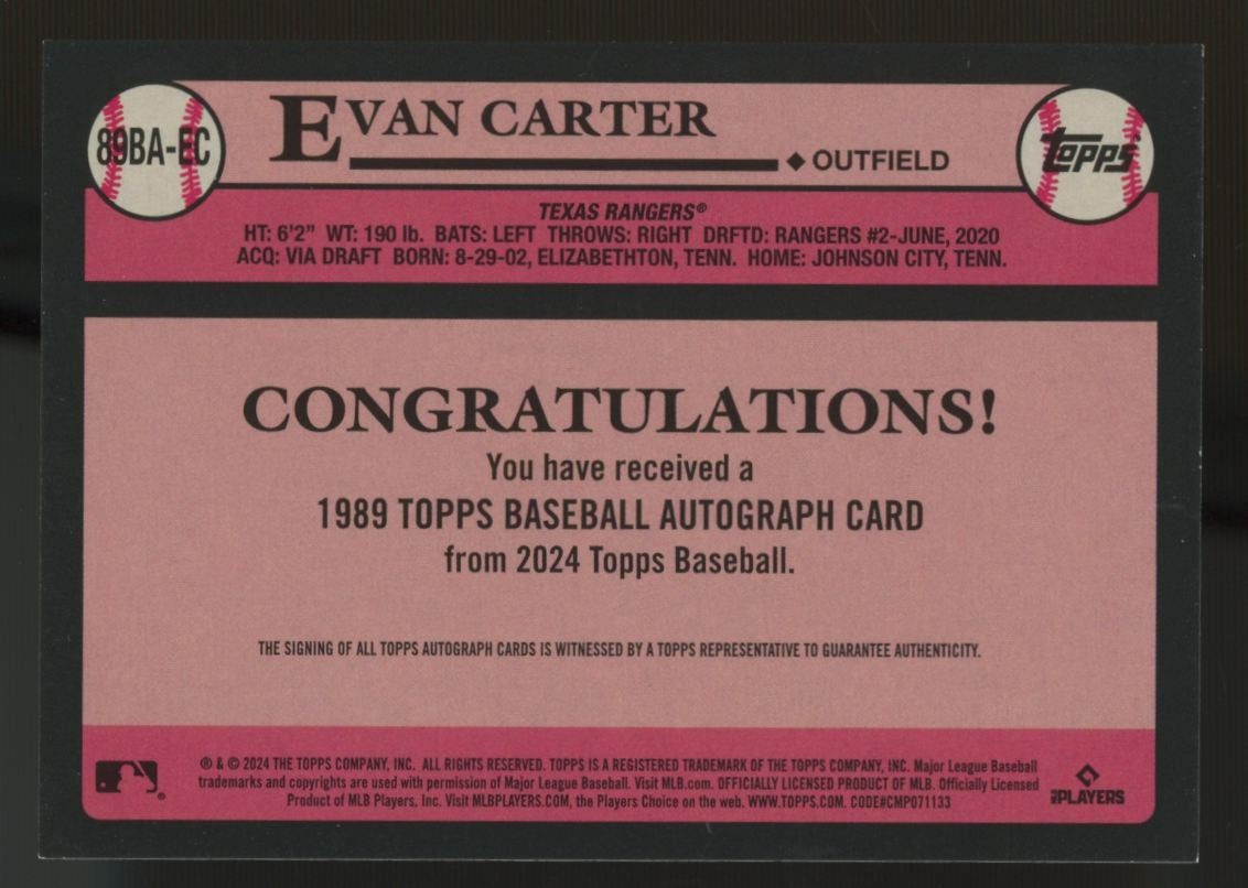 2024 Topps Baseball Evan Carter RC Auto 1989 Design #89BA-EC