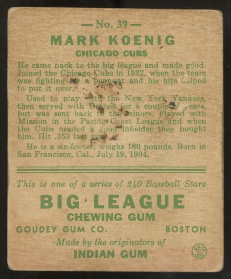 1933 Goudey Mark Koenig #39 P/F
