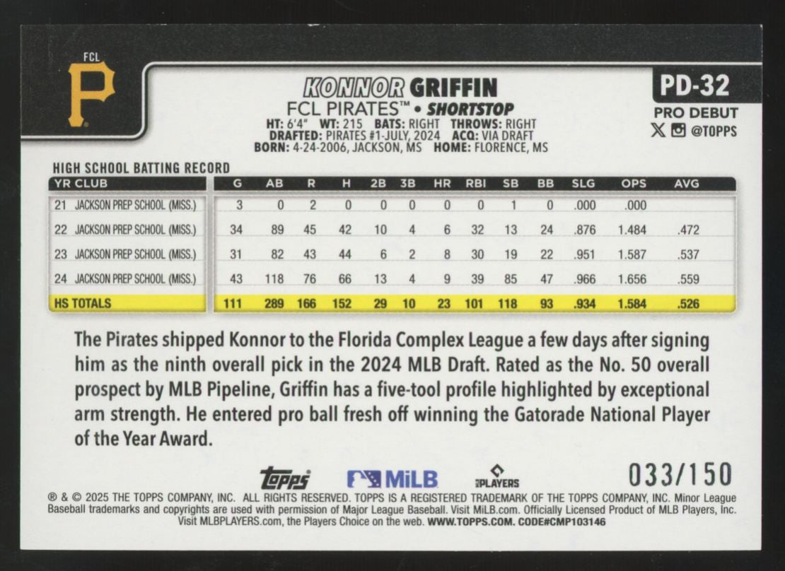 2025 Topps Pro Debut Konnor Griffin Blue Foil /150 #PD-32