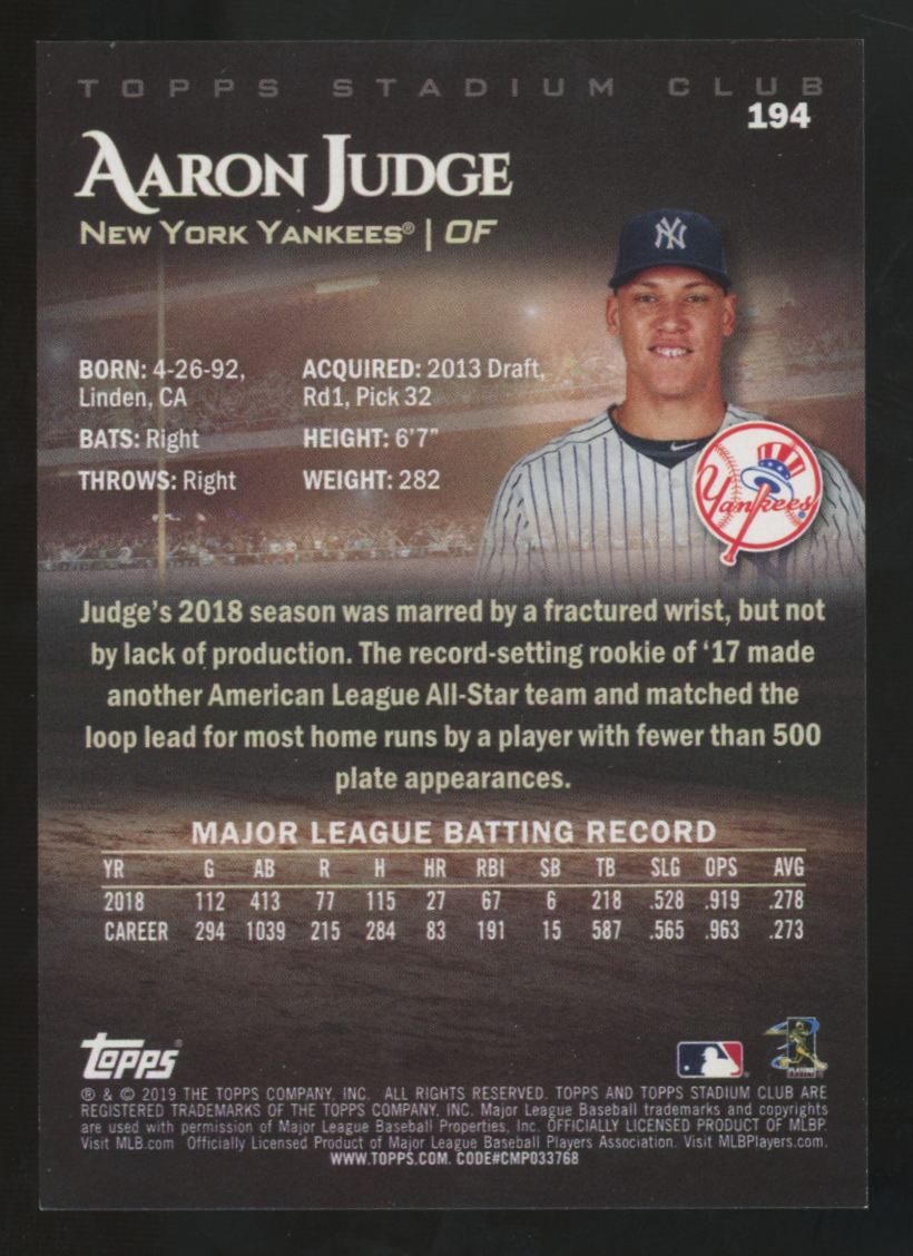 2019 Topps Stadium Club Aaron Judge Black And White #194