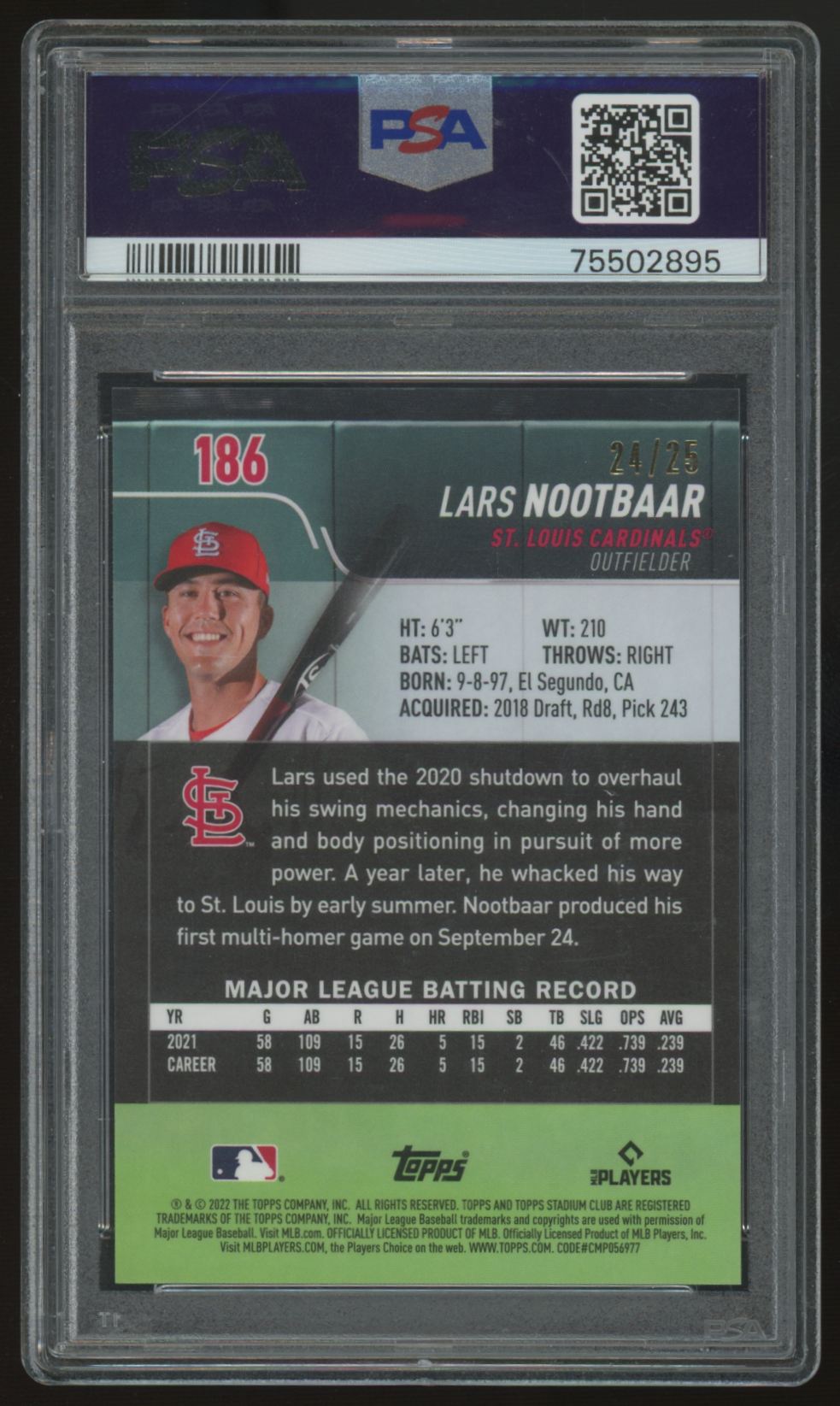 2022 Topps Stadium Club Chrome Lars Nootbaar RC Orange Refractor /25 #186 PSA 10