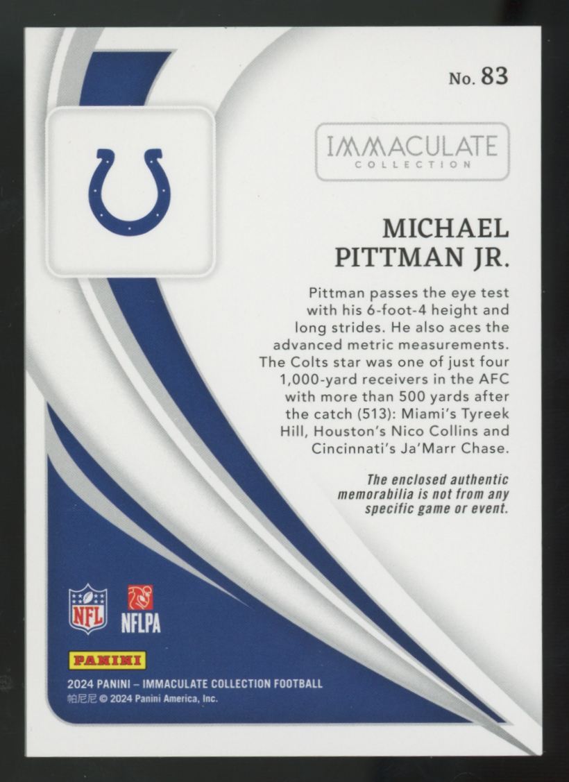 2024 Immaculate Collection Michael Pittman Jr. Gold Patch /10 #83