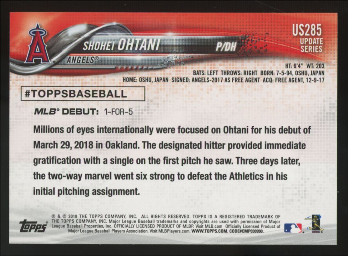 2018 Topps Update Shohei Ohtani RC Debut #US285 "B"