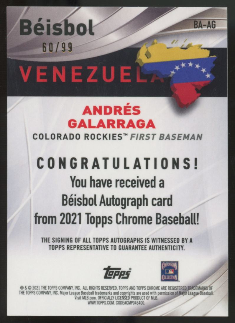 2021 Topps Chrome Andres Galarraga Beisbol Auto /99 #BA-AG
