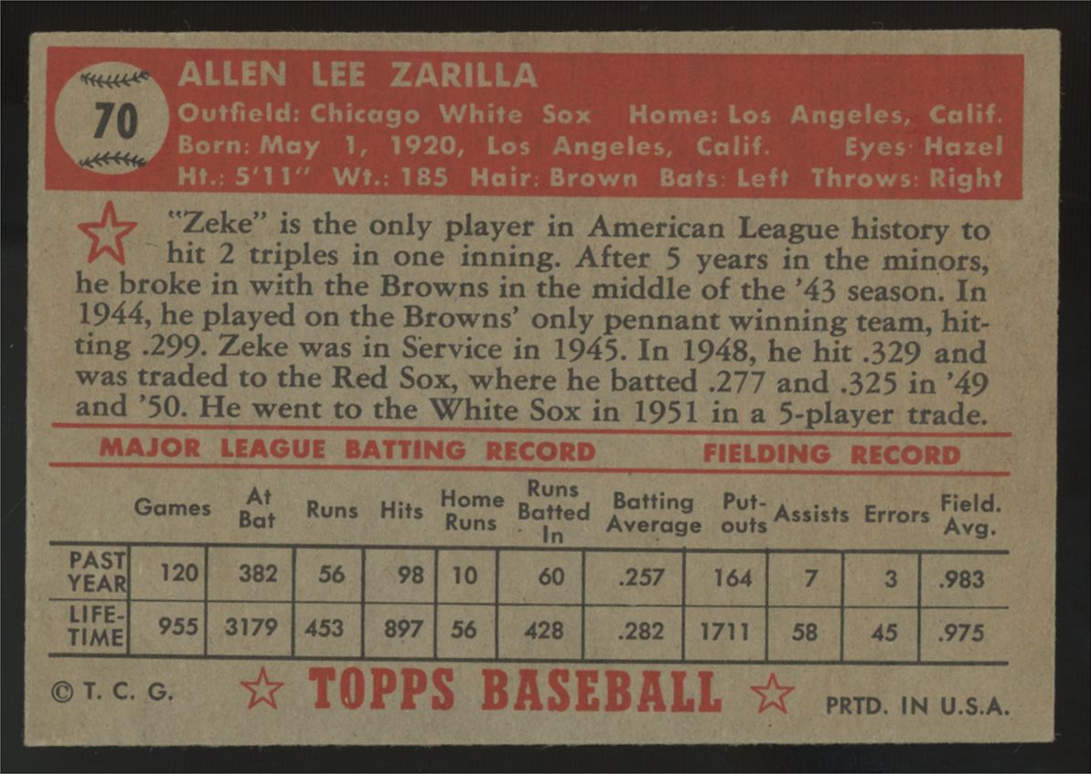 1952 Topps Al Zarilla #70 VG/EX