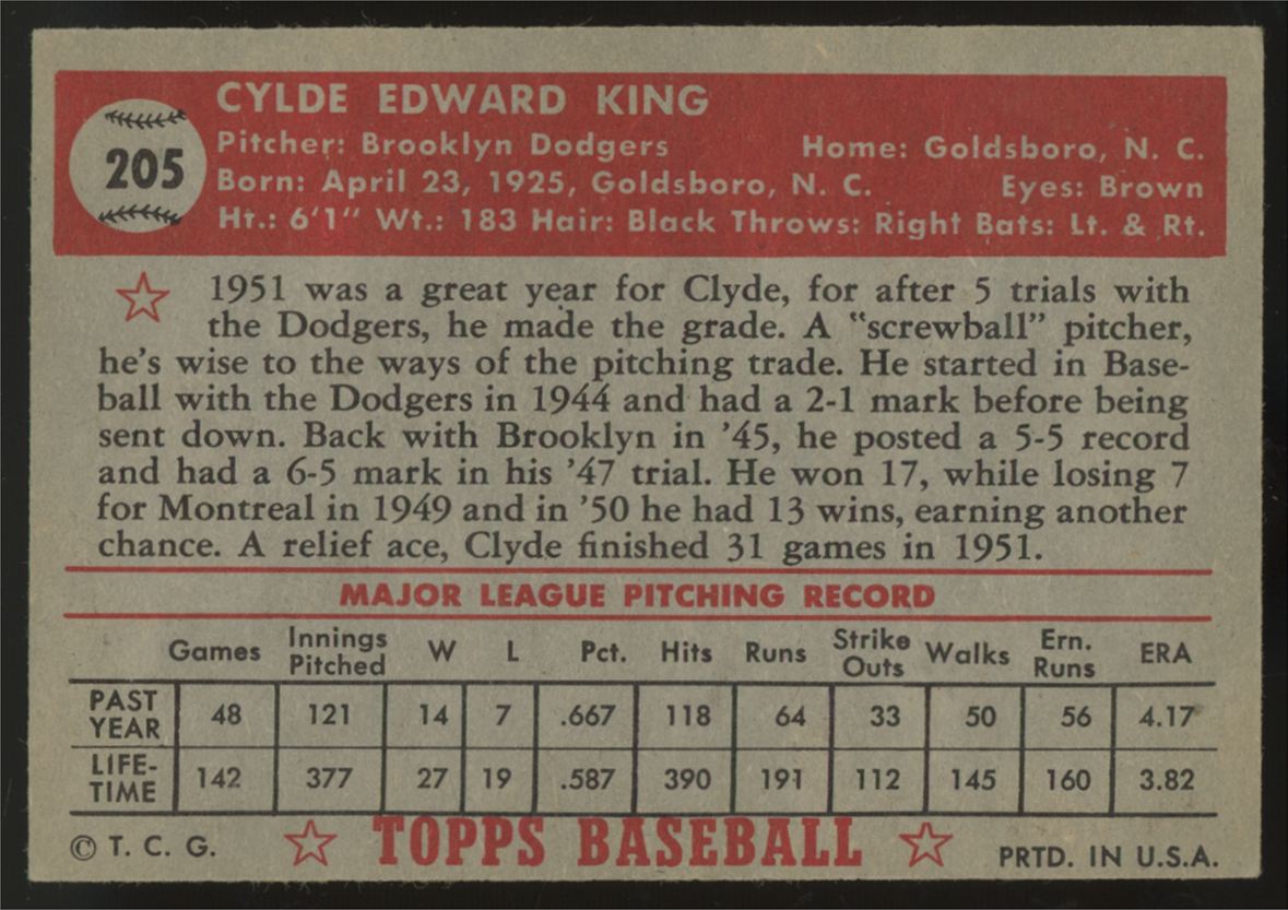 1952 Topps Clyde King #205 EX