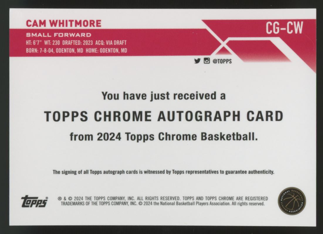 2023-24 Topps Chrome Cam Whitmore RC Auto Base #CG-CW "B"