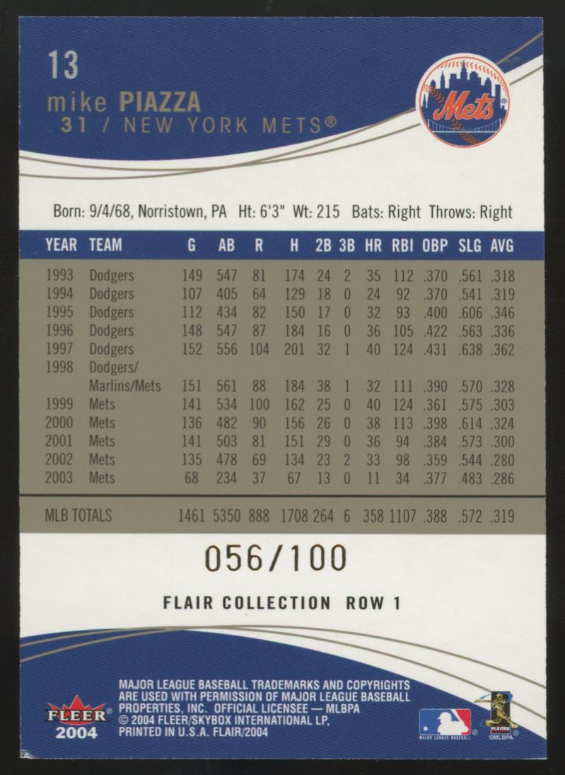 2004 Fleer Flair Mike Piazza Row 1 /100 #13