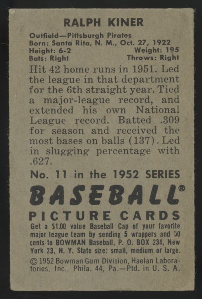 1952 Bowman Ralph Kiner #11 VG
