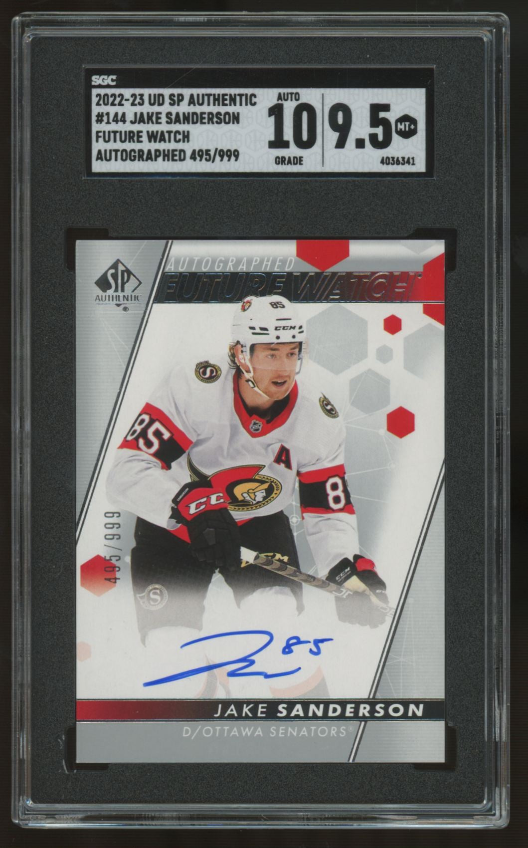2022-23 UD SP Authentic Jake Sanderson RC Future Watch Auto /999 #144 SGC 9.5 10