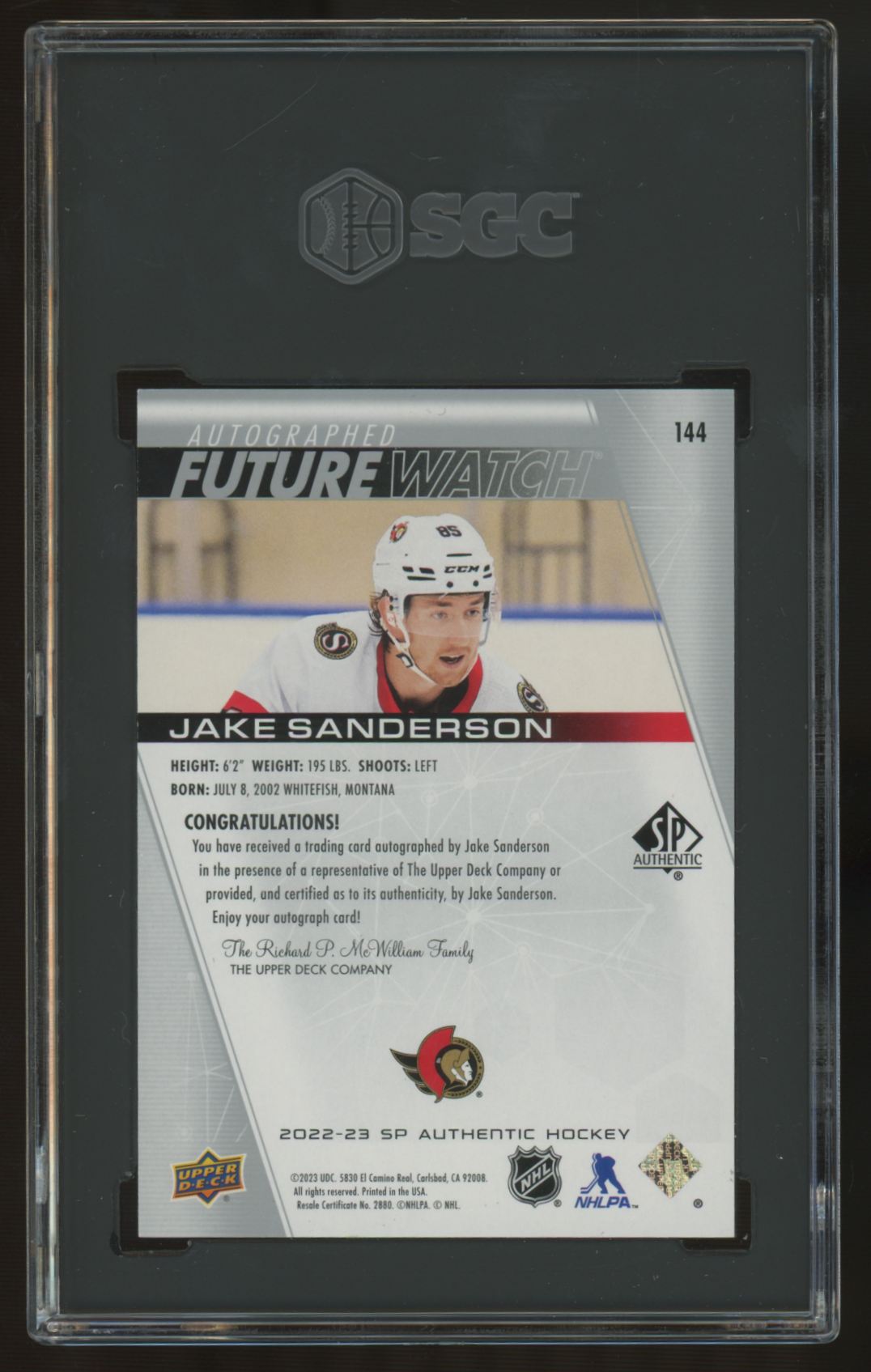 2022-23 UD SP Authentic Jake Sanderson RC Future Watch Auto /999 #144 SGC 9.5 10