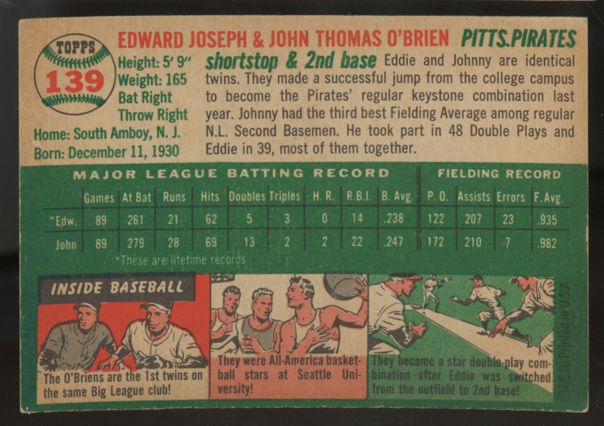 1954 Topps ED And John O'Brien #139 Good (Creases)
