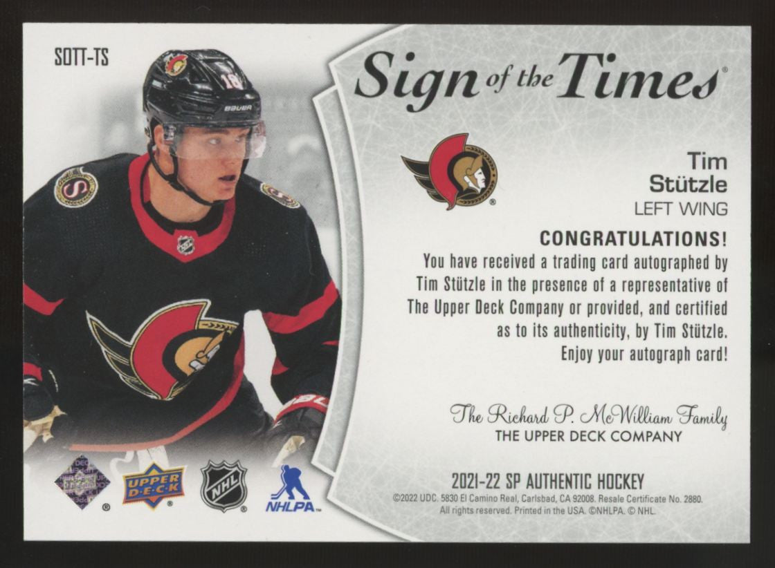 2021-22 SP Authentic Tim Stutzle Sign Of The Times Auto #SOTT-TS