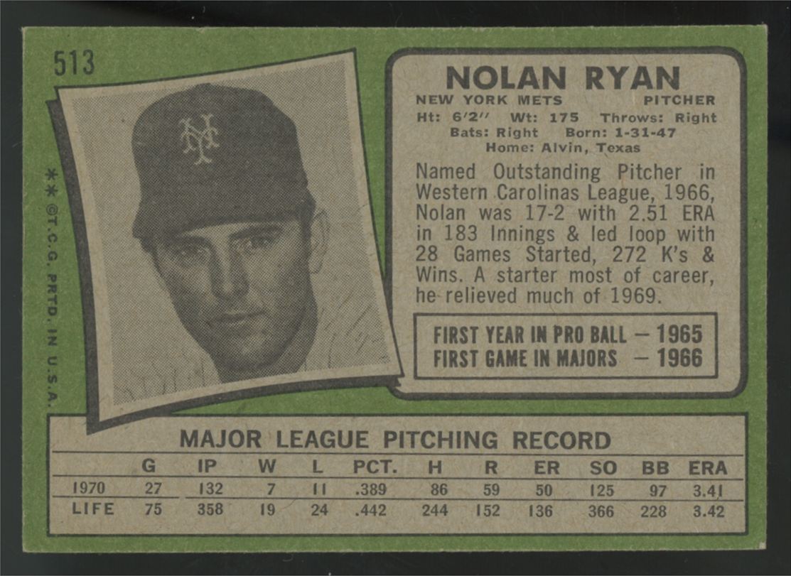 1971 Topps Nolan Ryan #513 VG/EX "A"