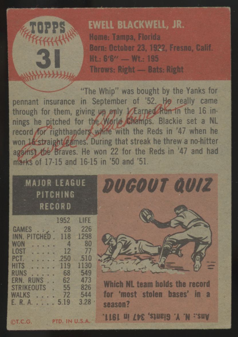 1953 Topps Ewell Blackwell #31 EX "A"