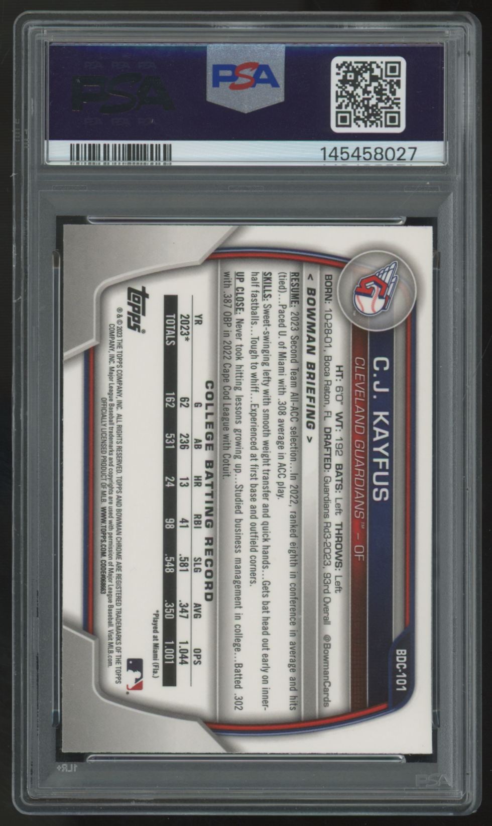 2023 Bowman Draft CJ Kayfus 1st Chrome Japan Refractor #BDC-101 PSA 10