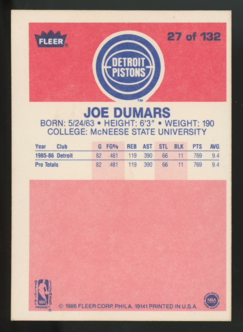1986-87 Fleer Joe Dumars RC #27 NM "A"