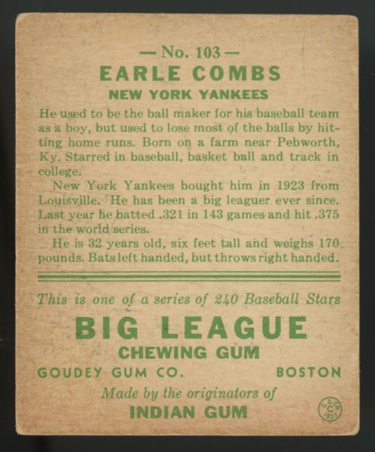 1933 Goudey Earle Combs #103 Fair