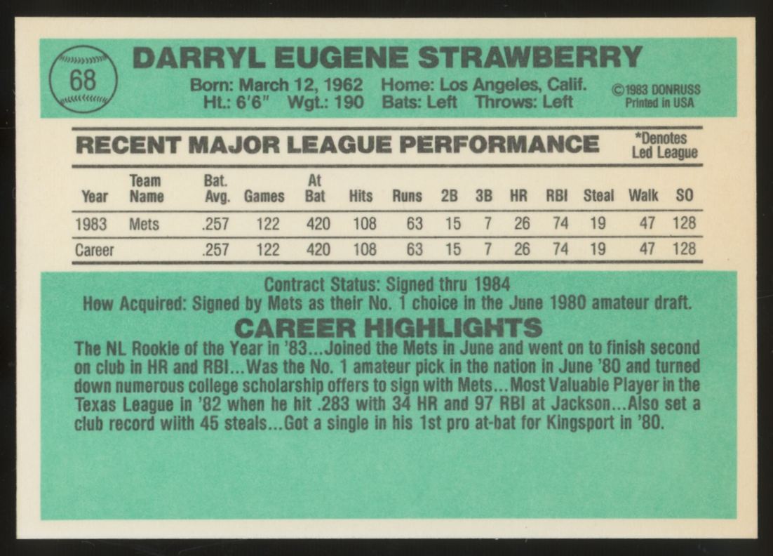 1984 Donruss Darryl Strawberry RC #68 NM "A"