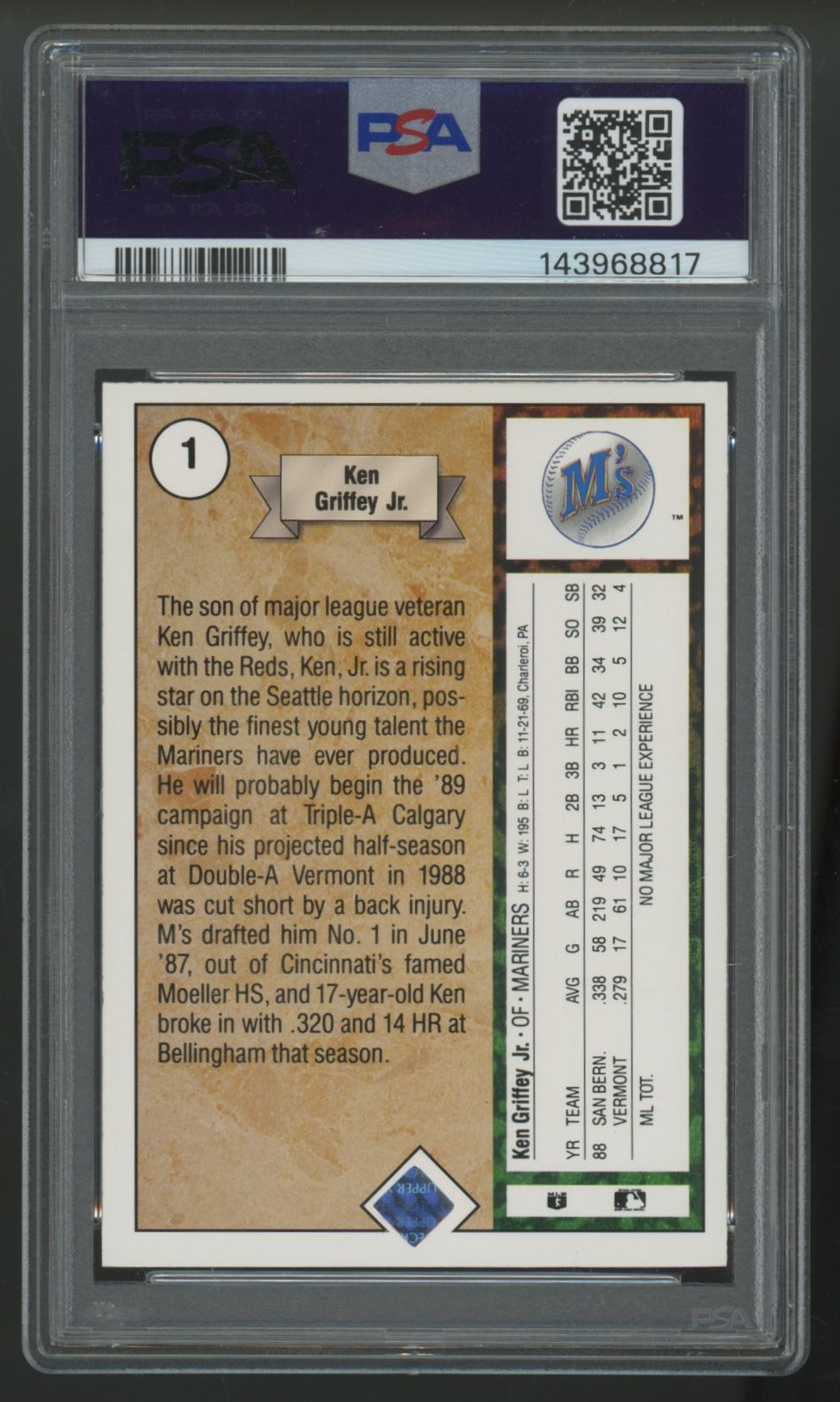 1989 Upper Deck Ken Griffey Jr. RC Star Rookie Signed IP Auto #1 PSA Auto 10