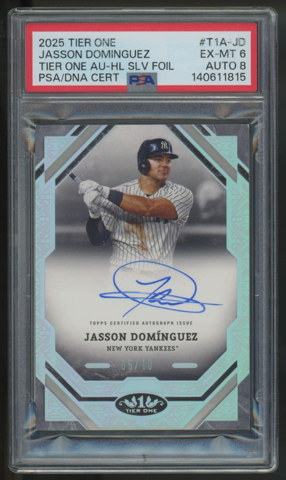 2025 Topps Tier One Jasson Dominguez Silver Foil Auto /10 #T1A-JD PSA 8 8