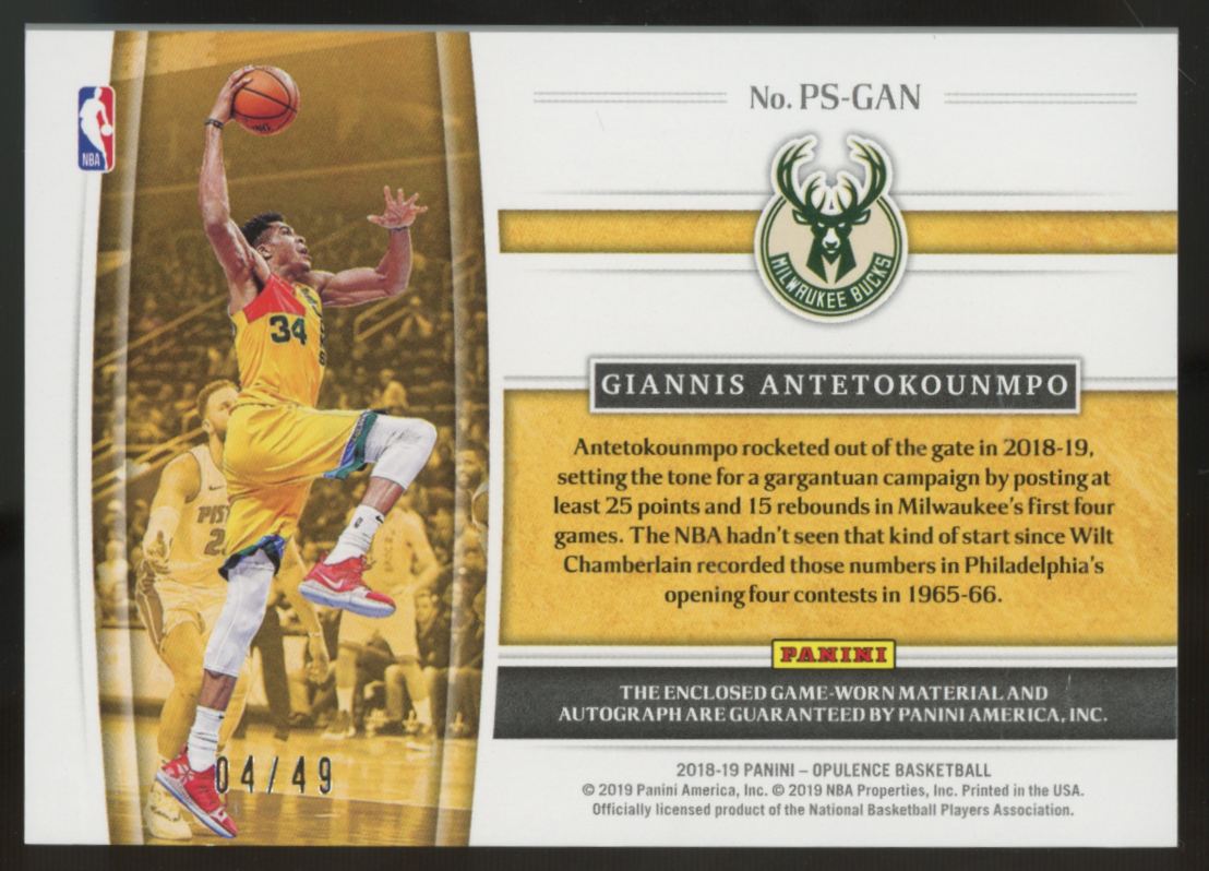 2018-19 Panini Opulence Giannis Antetokounmpo Precious Patch Auto /49 #PS-GAN