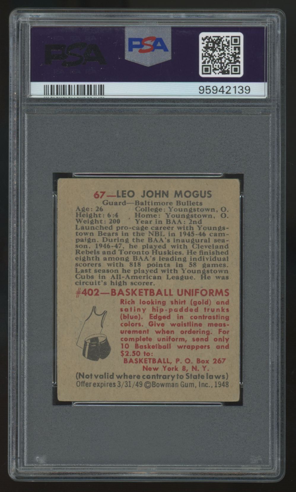 1948 Bowman Leo John Mogus #67 PSA 3