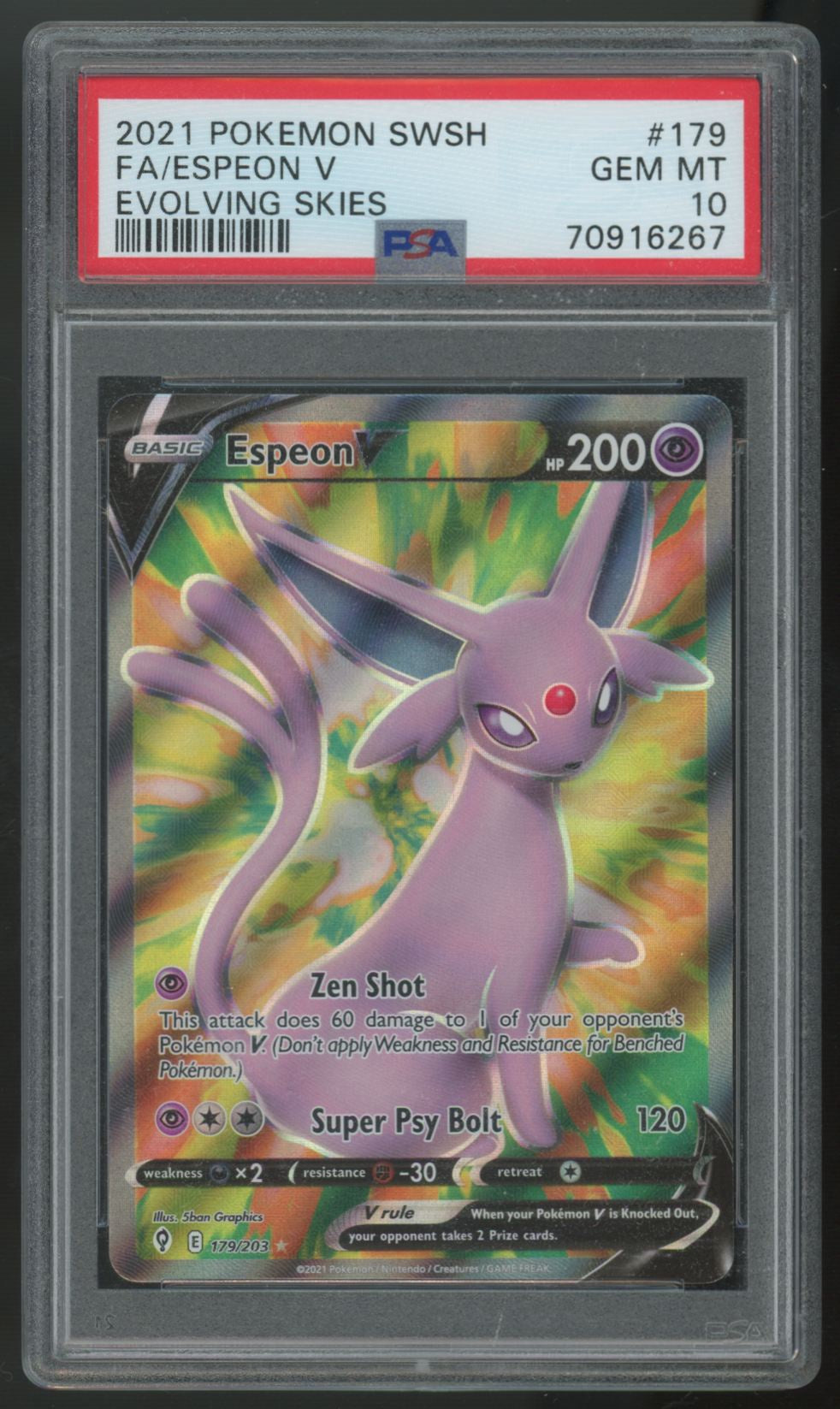 2021 Pokemon Espeon V Evolving Skies Full Art #179 PSA 10 (B)