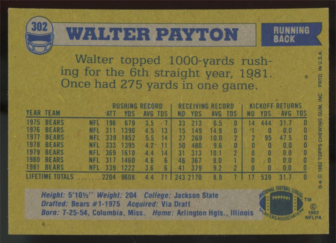 1982 Topps Walter Payton #302 NM "A"