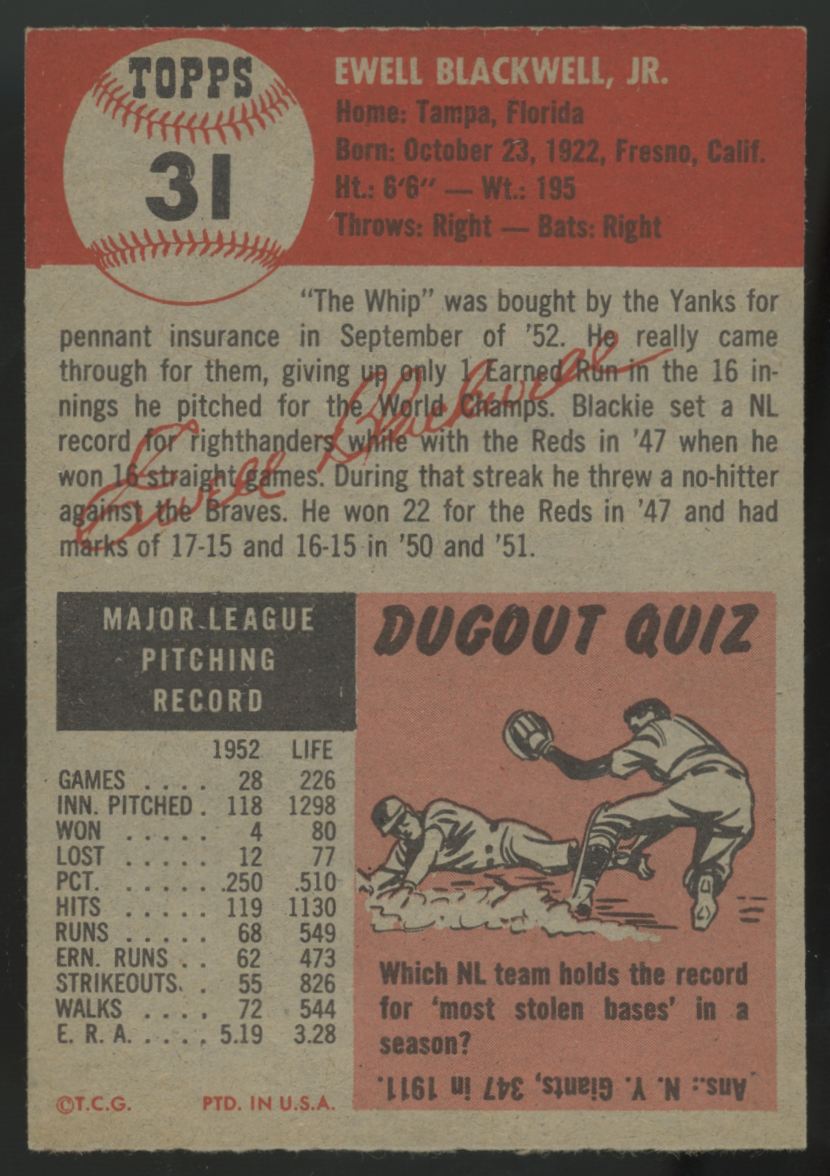 1953 Topps Ewell Blackwell #31 EX/MT