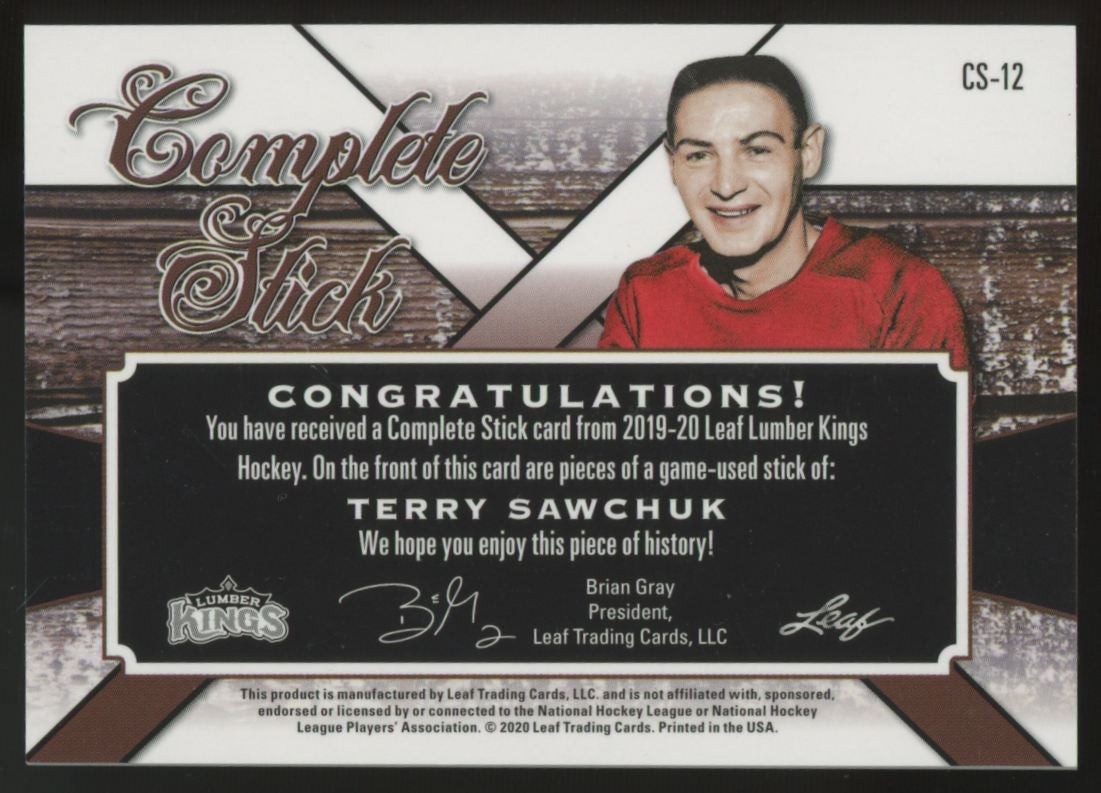 2019-20 Leaf Lumber Kings Terry Sawchuk Complete Stick Triple Patch /3 #CS-12