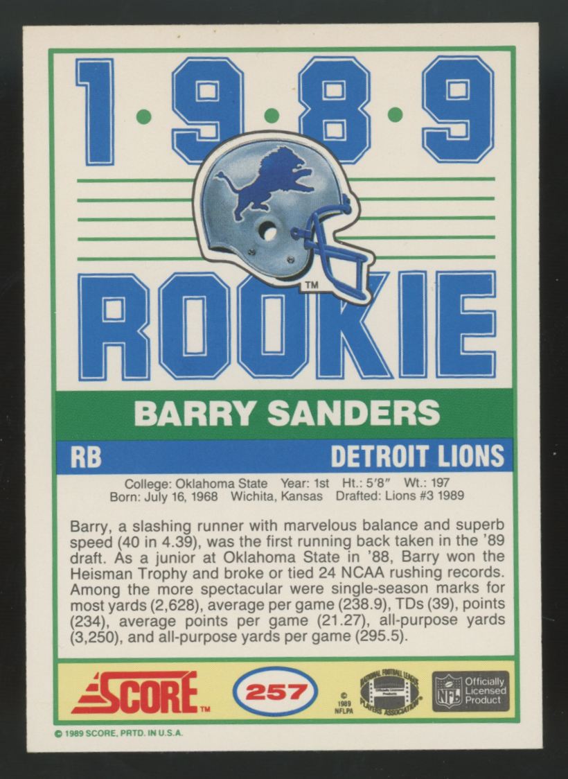 1989 Score Barry Sanders RC #257 NM "E"
