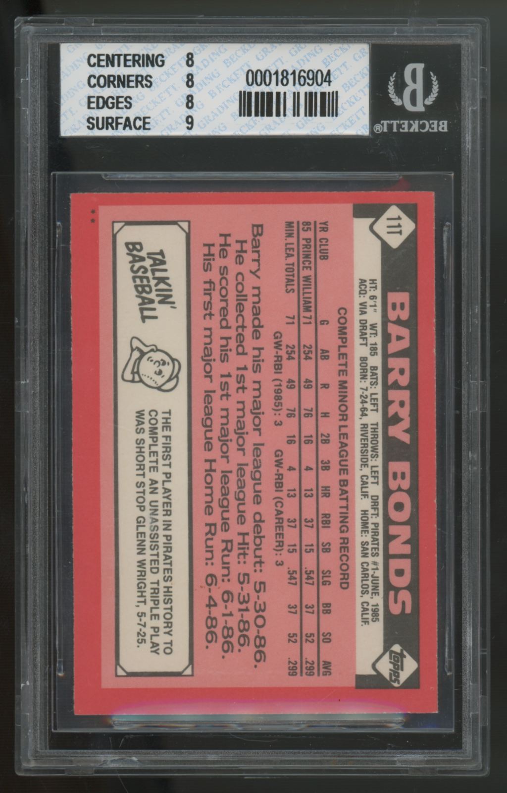 1986 Topps Traded Barry Bonds RC #11T BGS 8