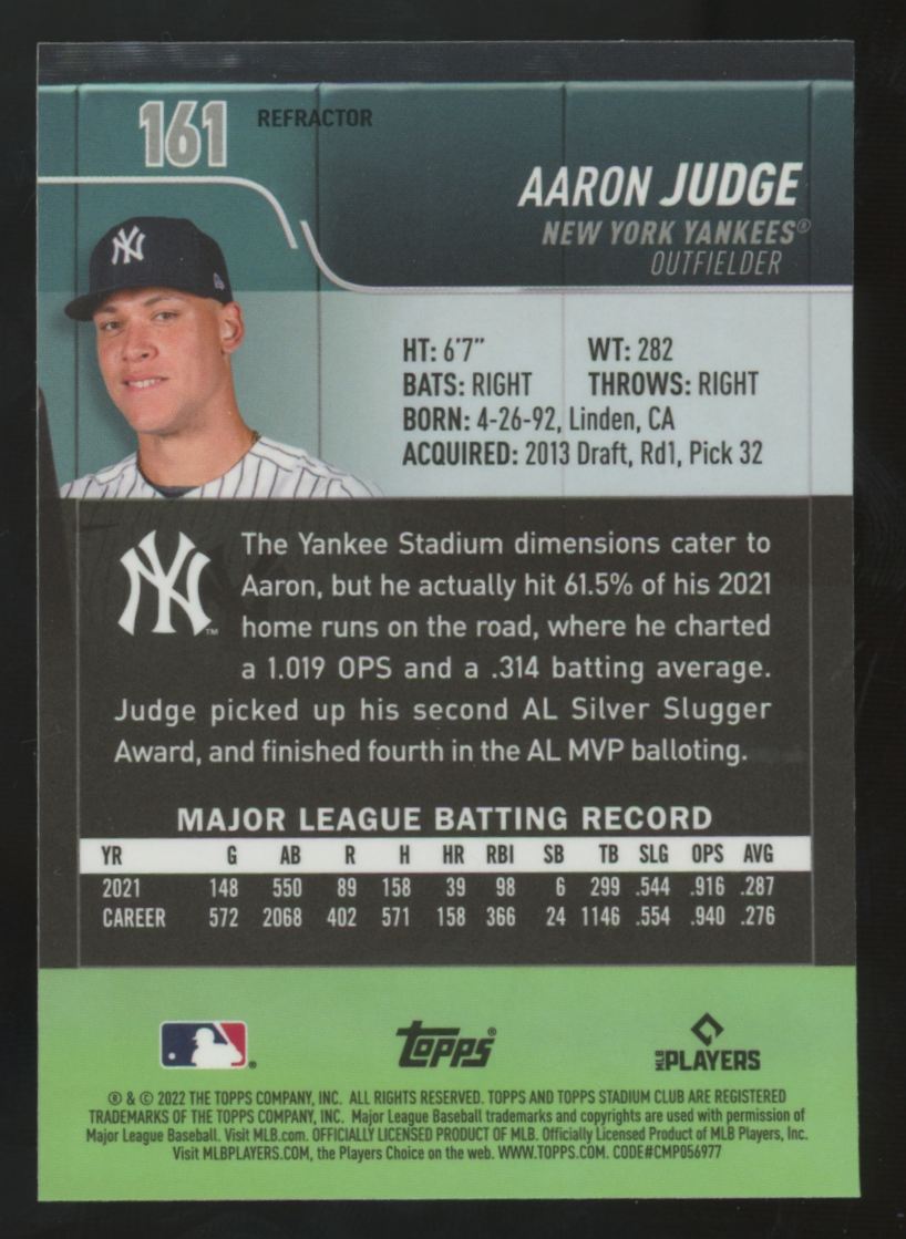 2022 Topps Stadium Club Aaron Judge Chrome Refractor #161