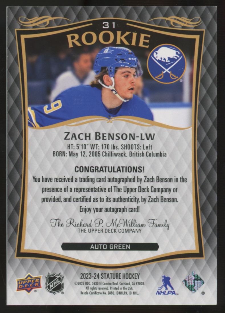 2023-24 Upper Deck Stature Zach Benson RC Green Auto /199 #31